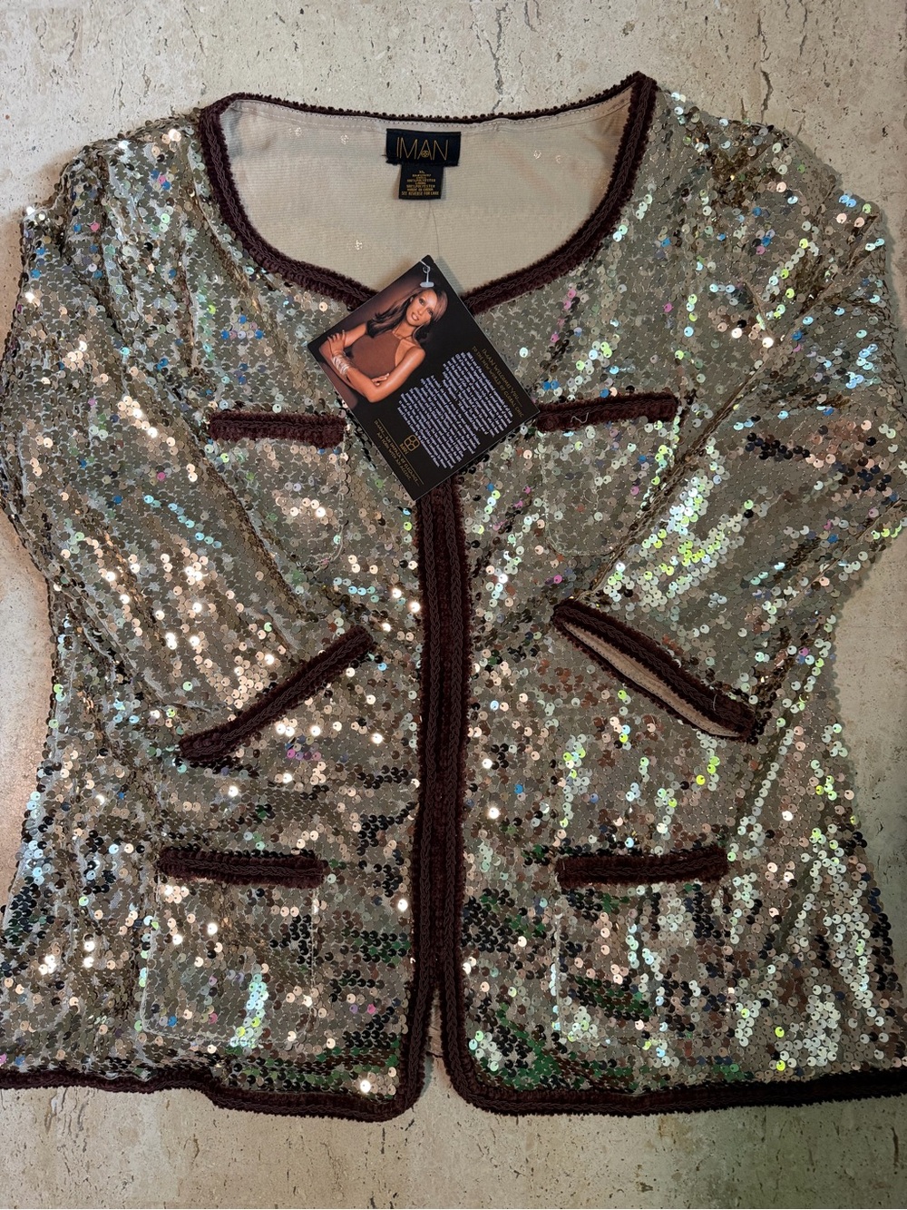 IMAN Champagne Metallic Sequin Blazer Jacket Brown Trim Size XL